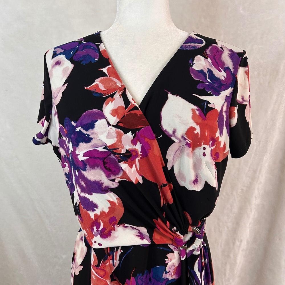 NWOT Lauren Ralph Lauren Floral Faux Wrap Dress Black Purple Coral Sz 8 KY Derby - Picture 2 of 10